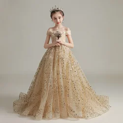 Flower Girls Wedding Bridesmaid Dress Teen Girls Gold Halloween Party Tail Dresses Children Elegant Off Shoulder Embroidery Gown