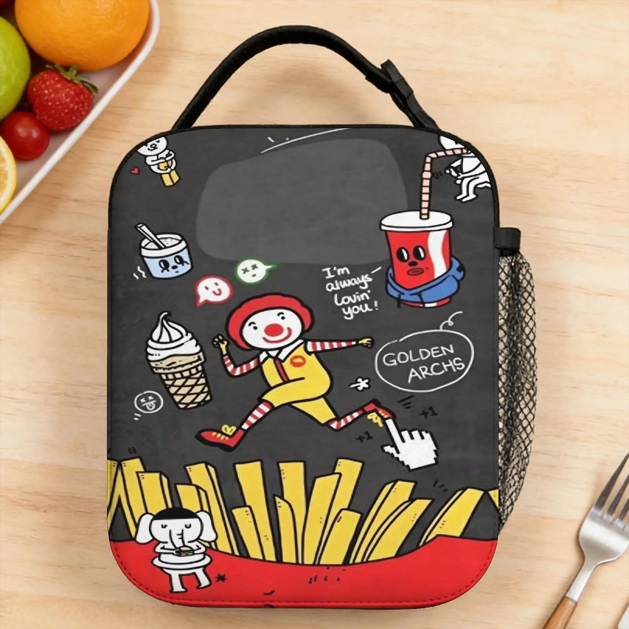 Clown And Fast Food Characters Black Art Lunch Bag Office Lunch Box For Child  Funny Print Thermal Lunch Bags Oxford Cooler Bag