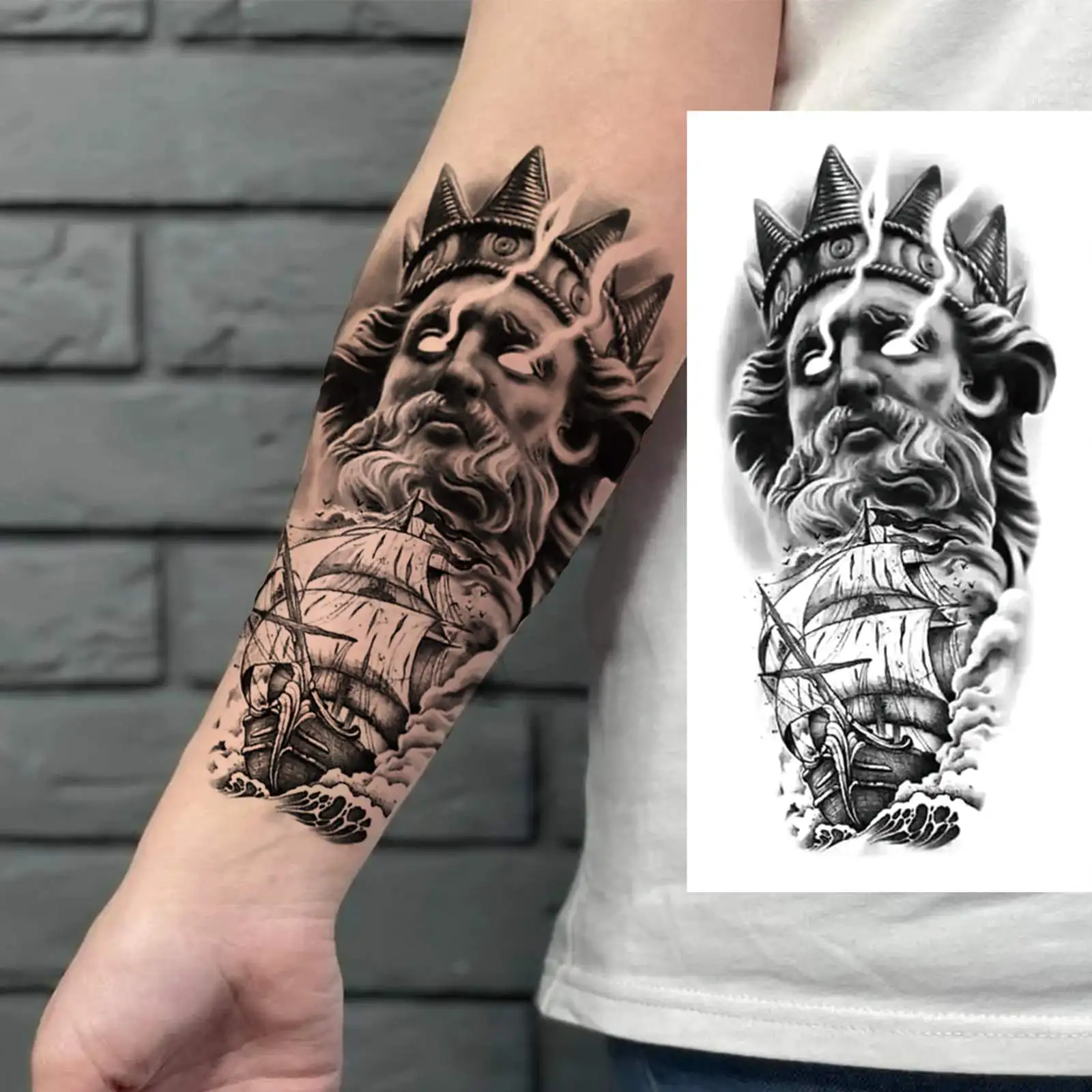 1 ورقة زيوس الله المتقشف المحارب الذراع الكامل الوشم المؤقت للرجال البالغين النساء هيئة الفن اللوحة الوشم كم وهمية واقعية #5