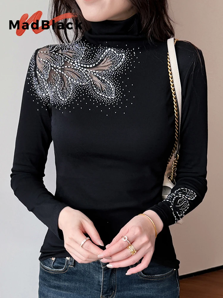 

MadBlack-Женская европейская футболка, сексуальная водолазка с бриллиантами, уличная тонкая трикотажная футболка с длинными рукавами M-3XL, новинка зимы 2025 года T5N909CC