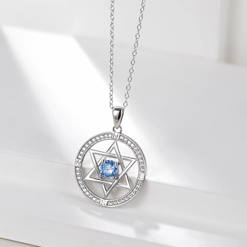 Trumium 925 Sterling Silver Jewish Star of David Necklaces for Women Blue Zircon Hexagon Pendant Chain Fine Jewelry Gifts