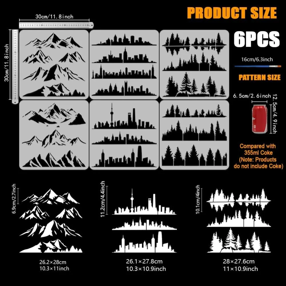 6 шт. 6 стилей городской лес горная живопись пейзажи шаблон с кистью 11,8x11,8 дюйма город горизонт DIY для рисования дома