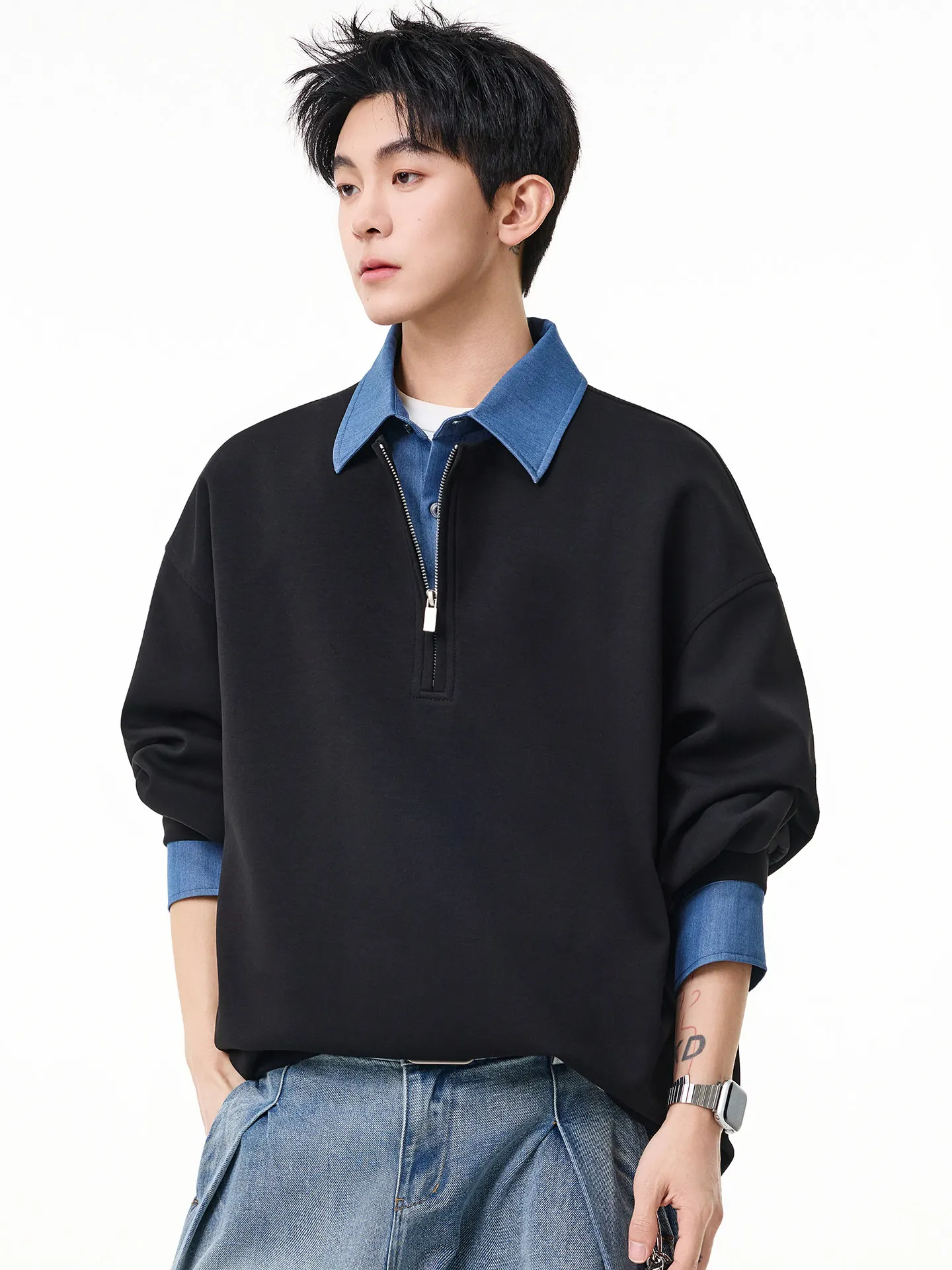 DUKEEN Men's Heavyweight Colorblock Half-Zip Sweatshirt - Spring Pullover with Polo Collar and Layered Look for Teens