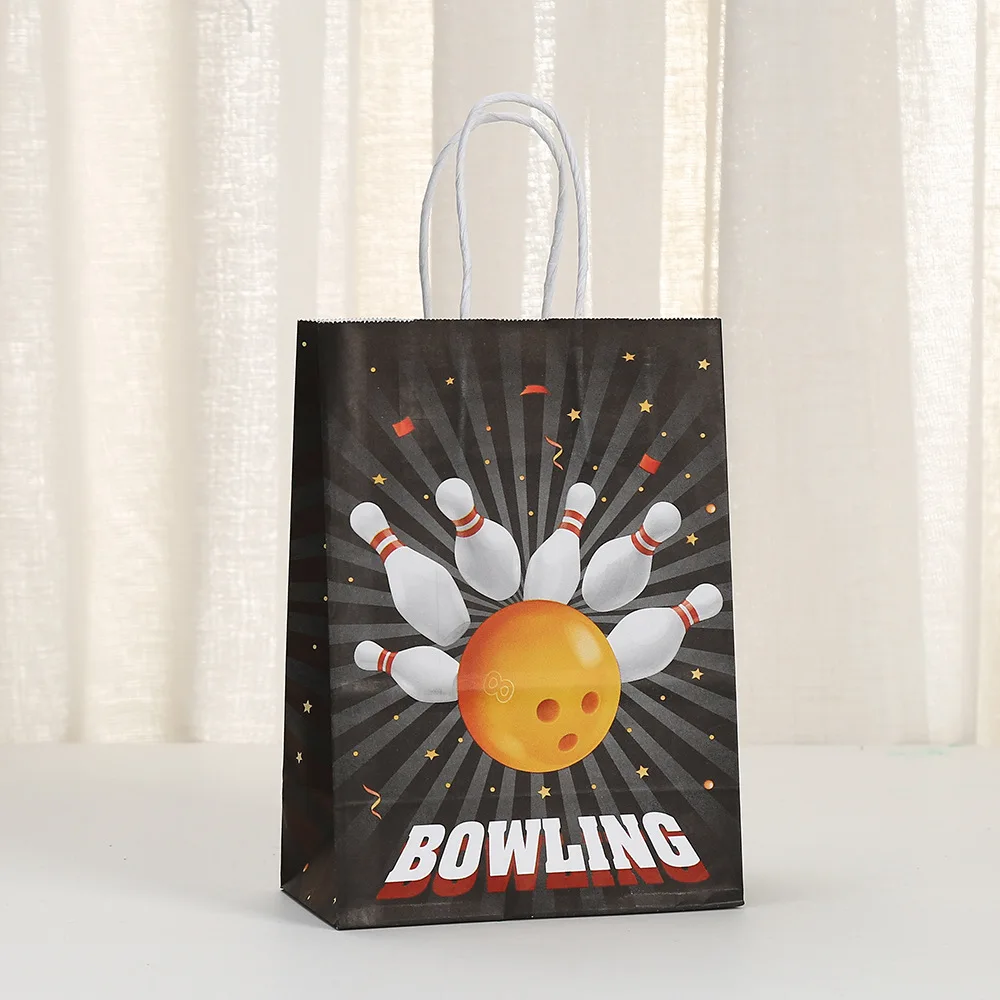 24Pcs Black Let's Bowling Kraft Paper Gift Bag with Handles Candy Shopping Packaging Bags for Sports Birthday Party Decoration