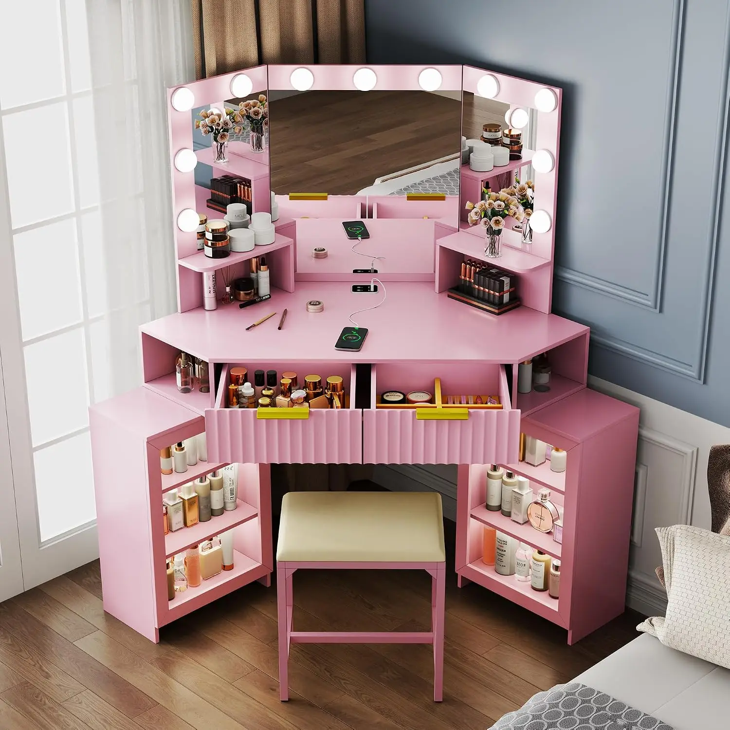 Corner Vanity with LED Tri-Fold Mirror & Charging Station, Storage Drawers, Matching Chair, Pink, Customized