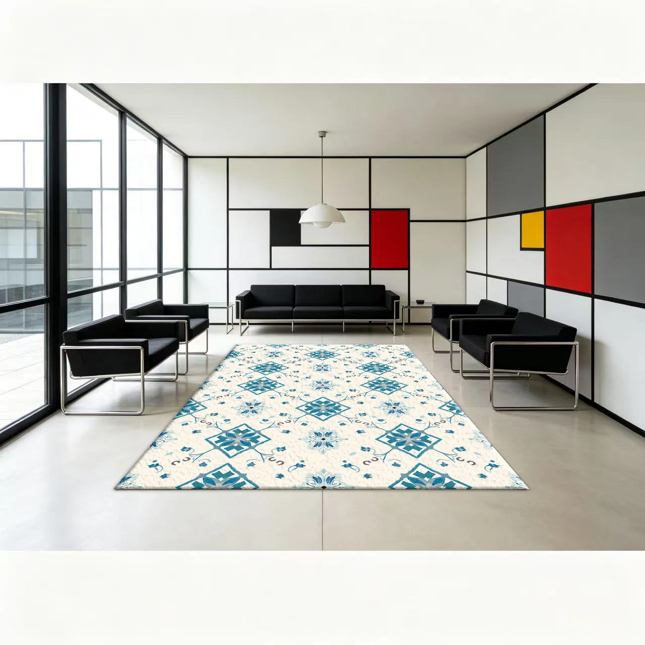 Bohemian Style Blue Floral Diamond Pattern Carpet Bohemian Style Carpet Non-Slip Floor Mat for Bedroom and Living Room