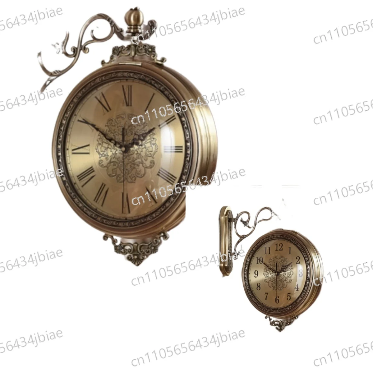 Villa Living Room Silent Clock Roman+Arabic Numerals High End Metal Retro Style Double-sided Wall Clock