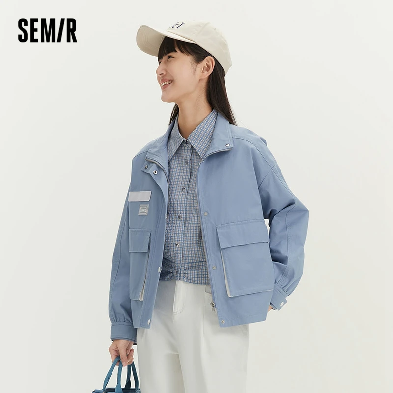 Semir Outerwear windbreaker Women Stand Collar Drawstring Jacket 2023 Spring New Loose Fashion Color Contrast Top Simple Coat