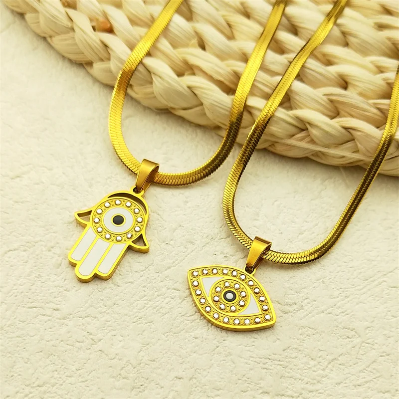 Vintage Rhinestone Evil Demon Eye Black Enamel Pendant Necklace for Women Stainless Steel Gold Plated  Hamsa Hand Jewelry Gift