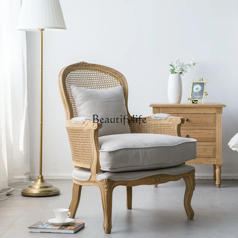 American Country Retro Nordic Oak Solid Wood Cotton Linen Three-Proof Fabric Single Sofa Handrail Rattan Leisure Chair