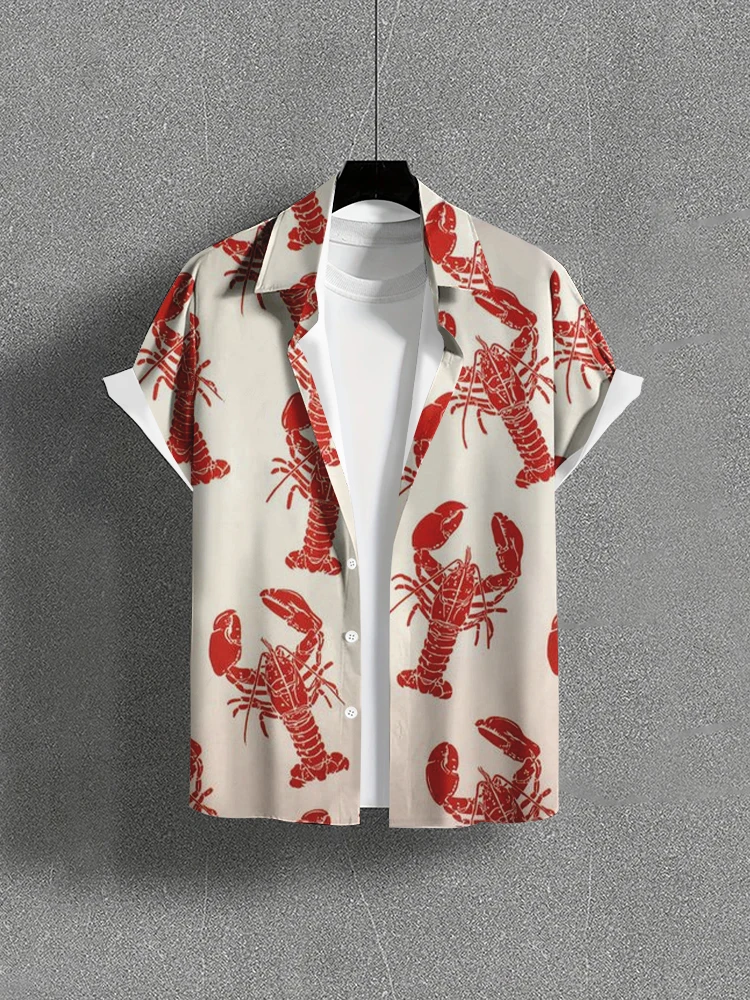 

Hawaiian Style Beach Crayfish Funky Elements Blue Casual Vacation Men's Short Sleeve Shirt T-shirt Printed Men's Summer Clothing