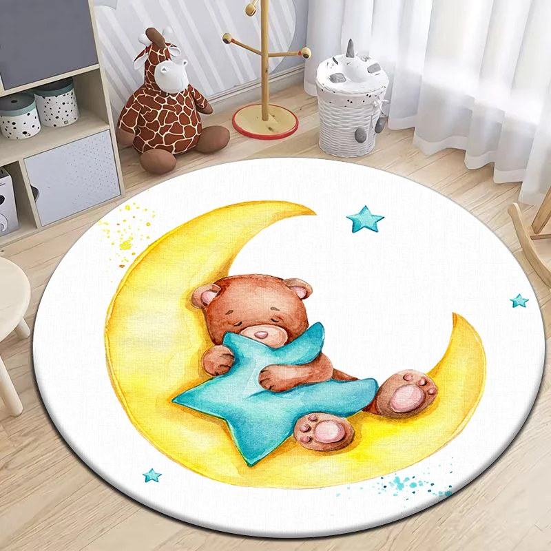 Sleep Bear HD Printed Cartoon Round Carpet for kids Living Room Rugs Camping Picnic Mats Flannel Anti-Slip Rug Yoga Mat Gifts