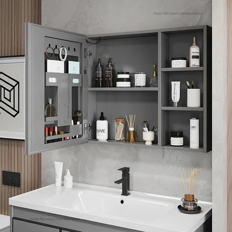 Space Aluminum Bathroom Mirror Wall-mounted Make Up Vanity Storage Mirror Cabinet Shelves Home Furniture Muebles Bano FYBC