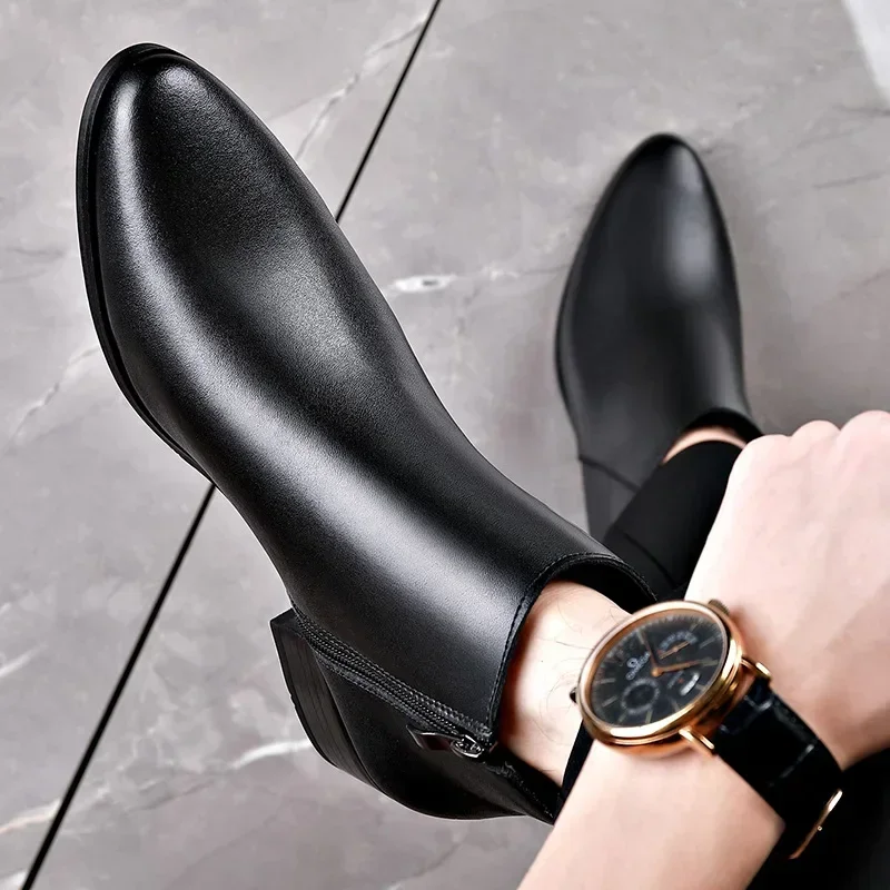 British Business Leather Boots for Men High Heels Pointed Toes and Fleece Chelsea Boots Male Fashion Casual Shoes Man