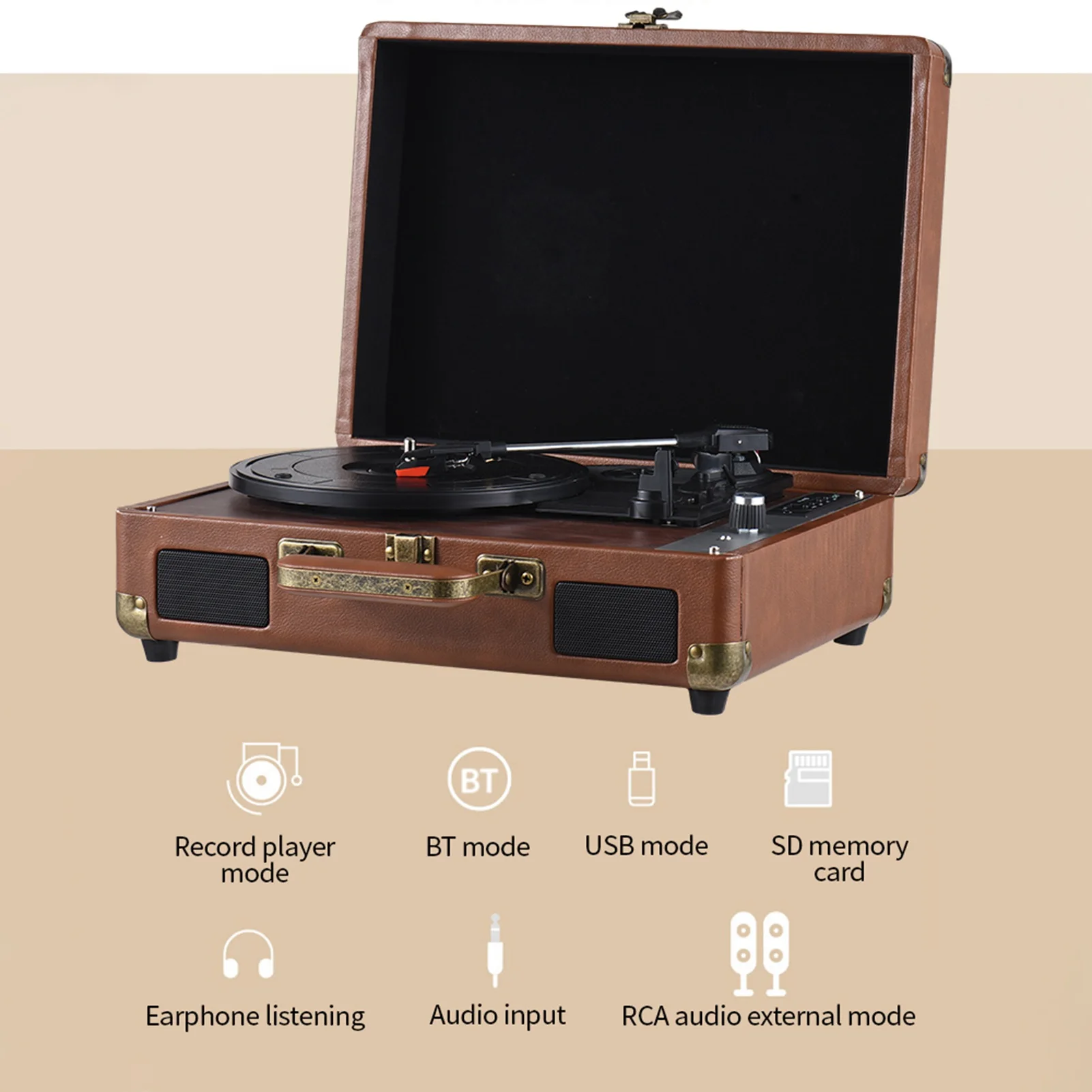 Vintage Vinyl Record Player BT Phonograph USB Recording Support for 7/10/12inch Vinyl Records Turntable Portable Record Player