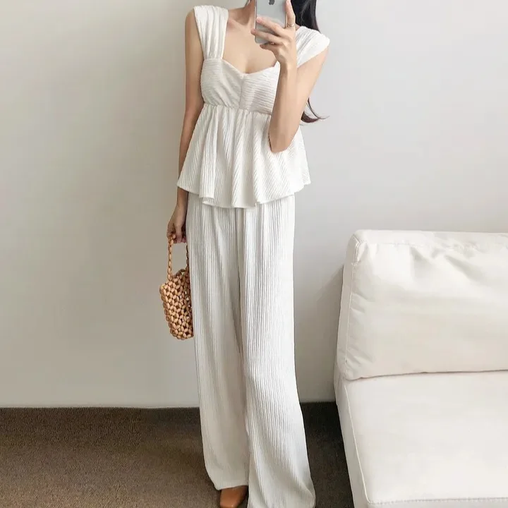 

Корейский жилет Sle ort, свободные прямые брюки с высокой талией, женский летний комплект Faion, повседневный топ с квадратным воротником