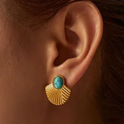 French Stainless Steel Heart Turquoise Inlay Ribbed Scallop Earrings for Women Vintage Wedding Christmas Jewelry Gift