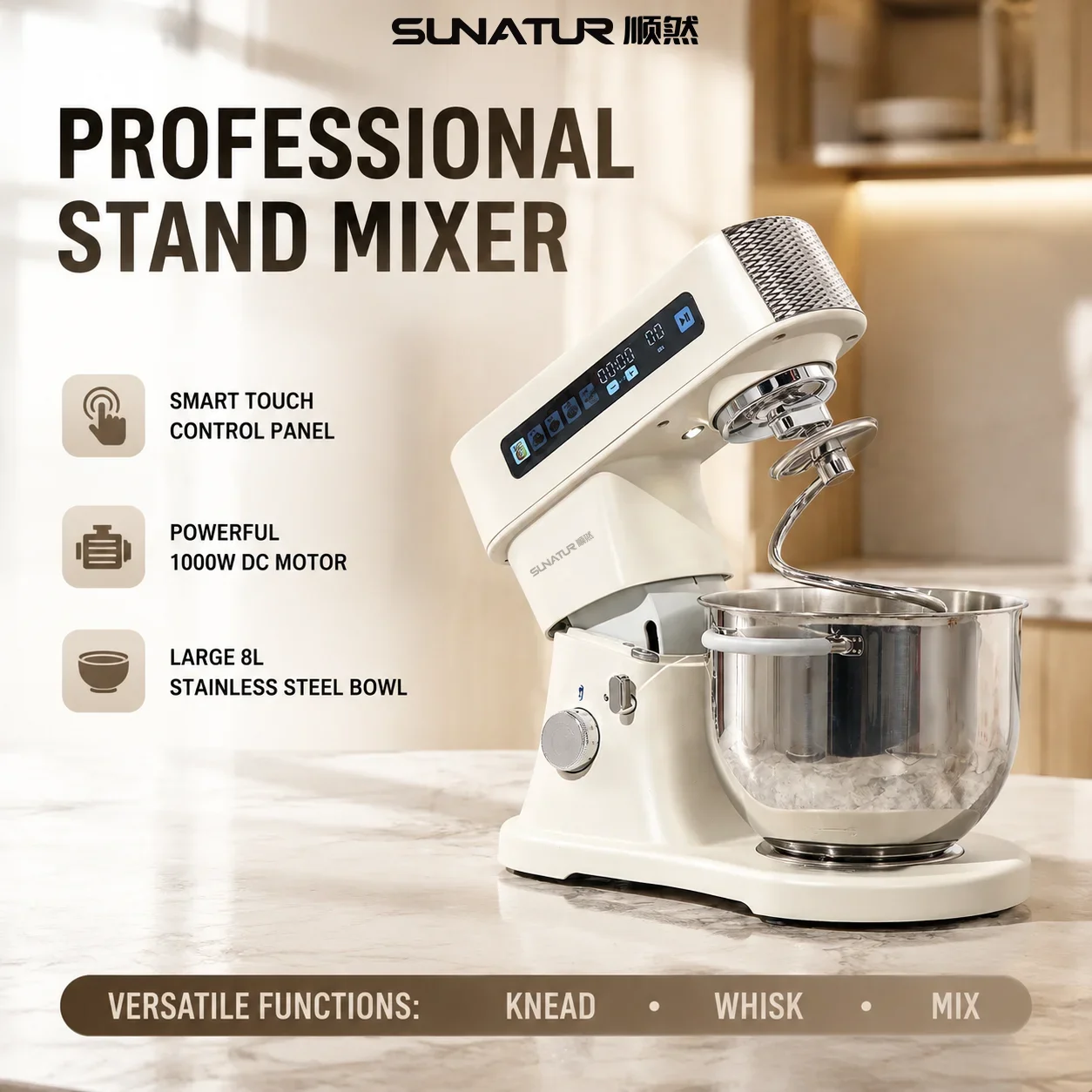 SUNATUR 8L Stand Mixer 1000W DC Motor Electric Kitchen Mixer 11 Speeds Smart Touch Screen Dough Mixer for Baking Cake Bread