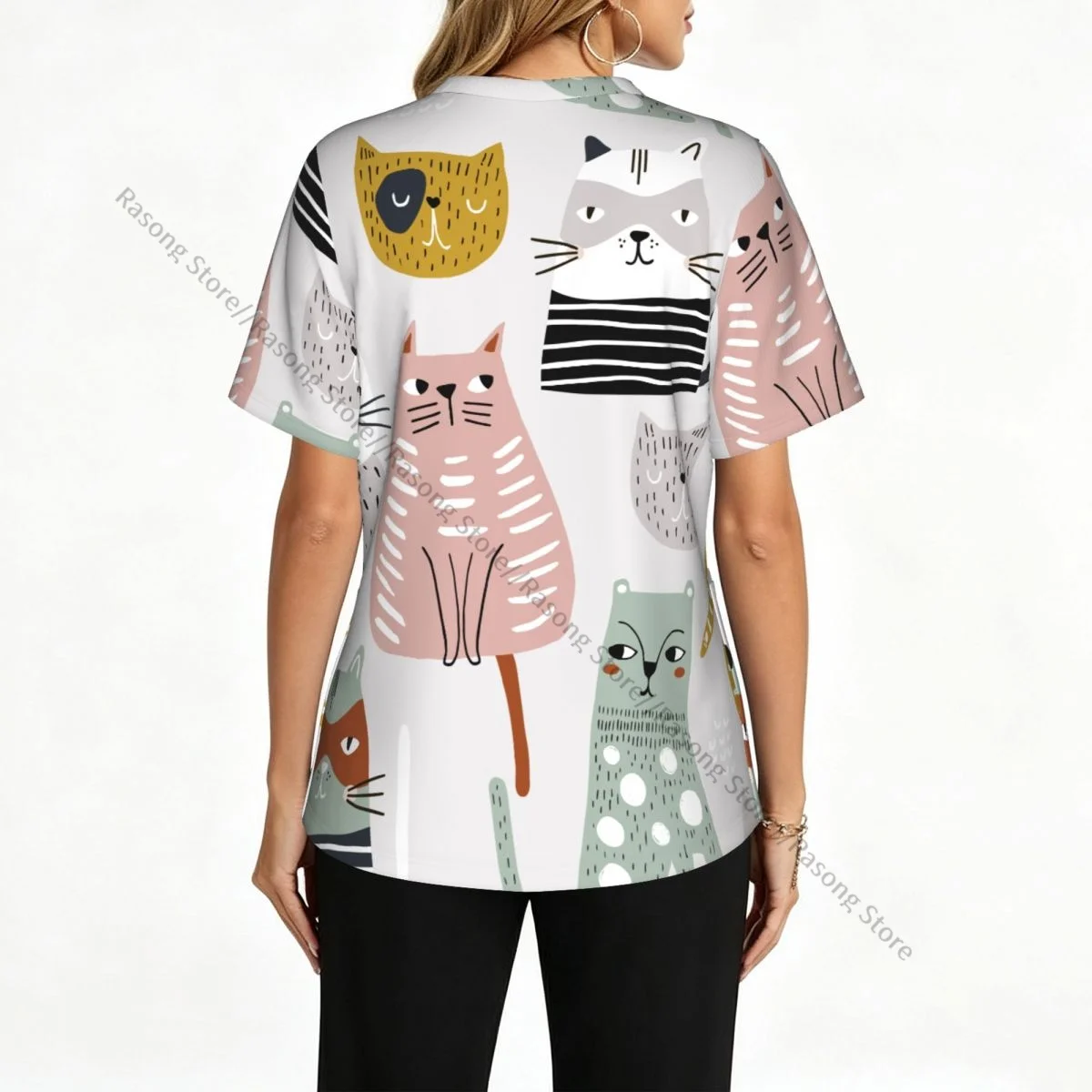 Women V Neck Scrub Top Hand Drawn Cats Short Sleeve Nurse Hospital Uniforms Female Spa Beauty Salon Working Clothes with Pocket