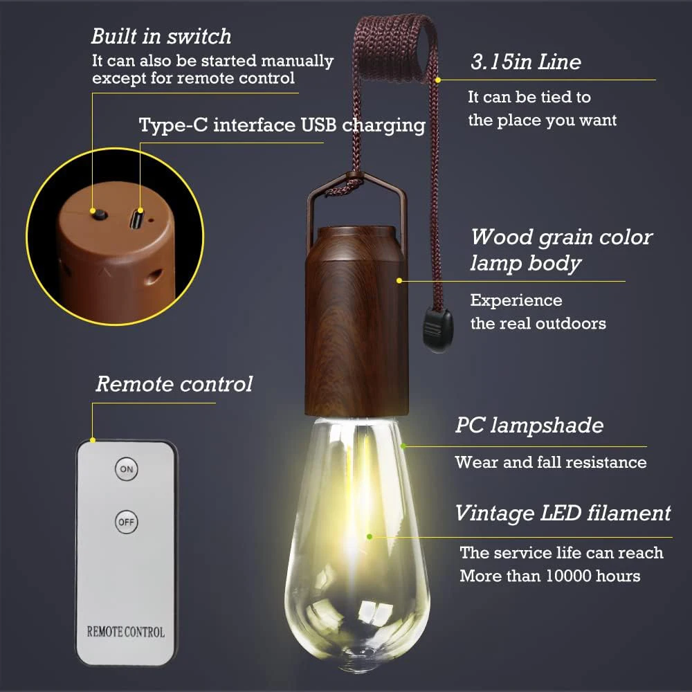 Outdoor hängende Vintage LED Camping Licht USB wiederauf ladbare warme Zelt Glühbirne wasserdichte Not laternen für Garten wandern