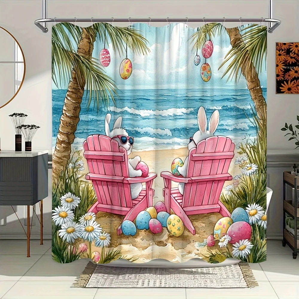 

1 Extra Large Easter Shower Curtain - Soft Tones, Green & Yellow with Bunny, Eggs, and Palm Tree Bathroom Decor - High-Quality