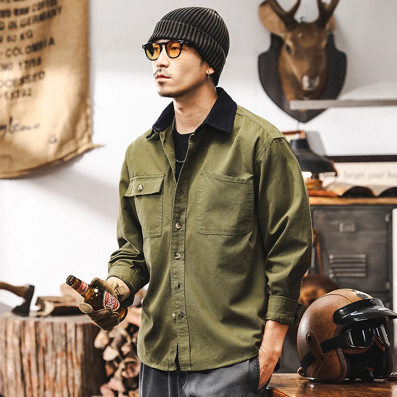Spring and Autumn's new retro cotton long-sleeved shirt for men, a trendy and casual shirt jacket for men