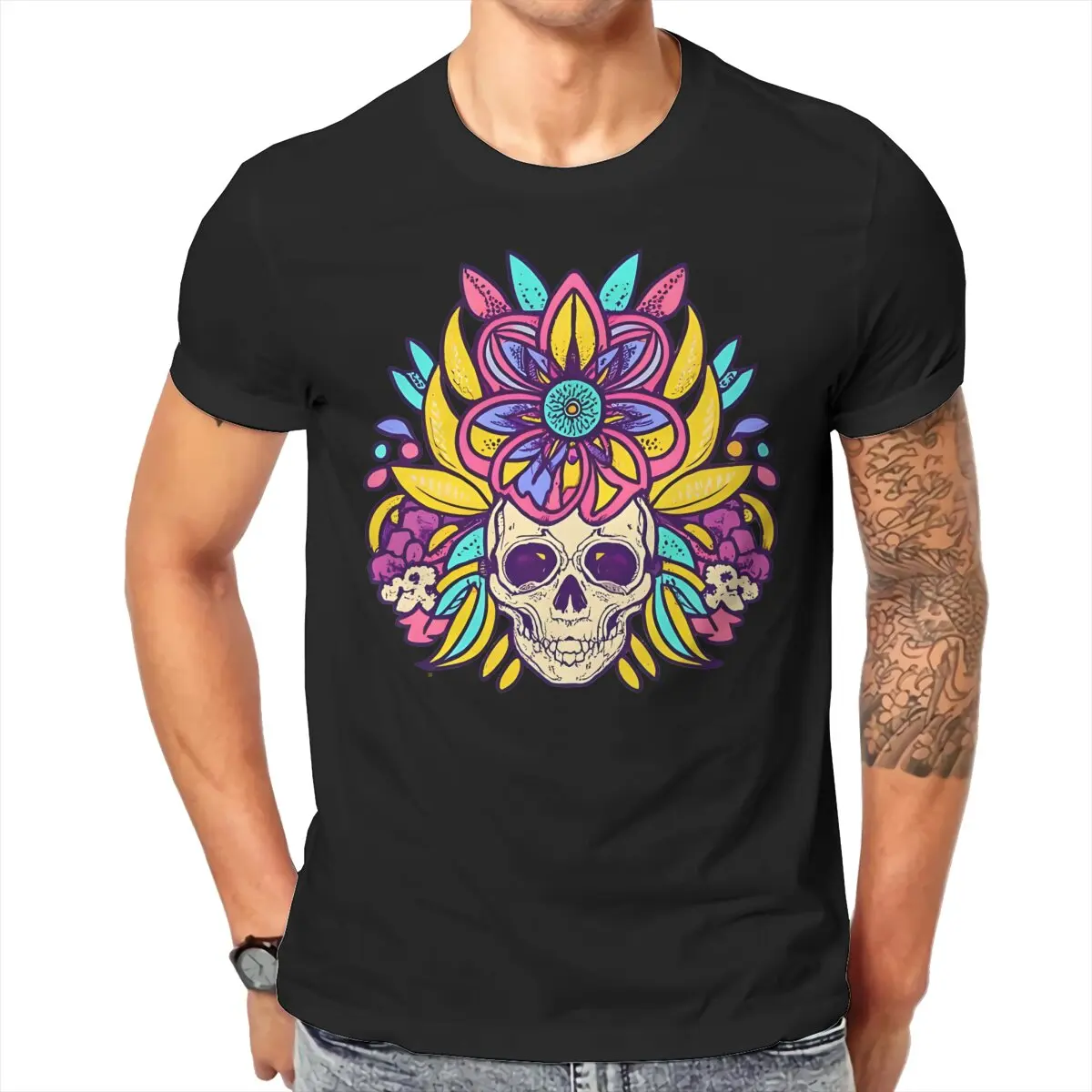 Flower Skull TShirt for Men Flowery Skull N3 Basic Casual Tee T Shirt High Quality Trendy Loose