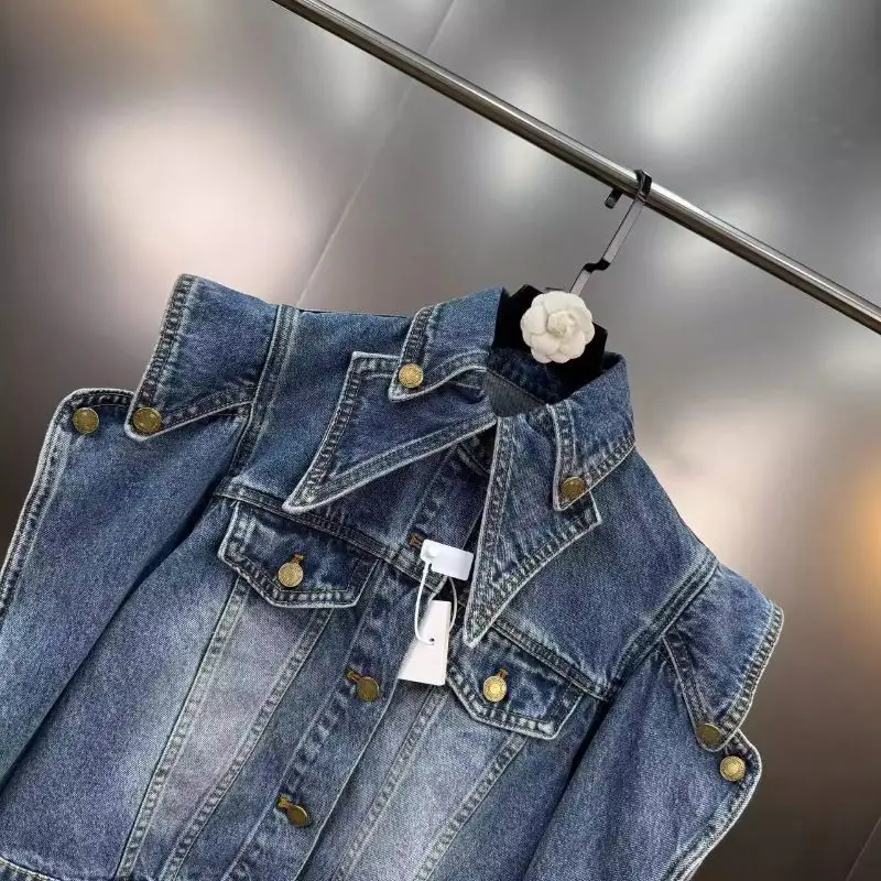 Woman Peaked Collar Denim Jacket Streetwear Retro Triangular Shoulder Spliced Jeans Coat Holes Long Sleeve Cowboy Outwear Tops