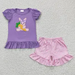 New rts Spring Girls Easter Outfits Wholesale Boutique Embroidery Bunny Carrot Pattern Purple Short Sleeve Shorts Girls Clothing