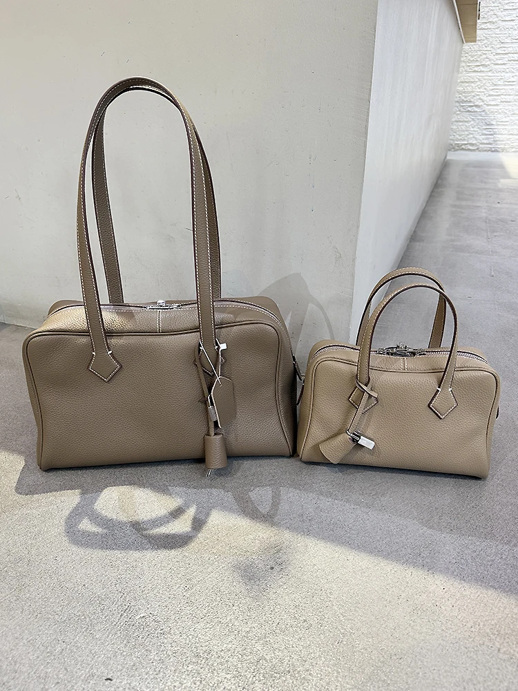 

Victorian Boston Handbag Top Layer Cowhide Large Capaci Bowling Single oulder Underarm Bag for Women Casual Engli Sle