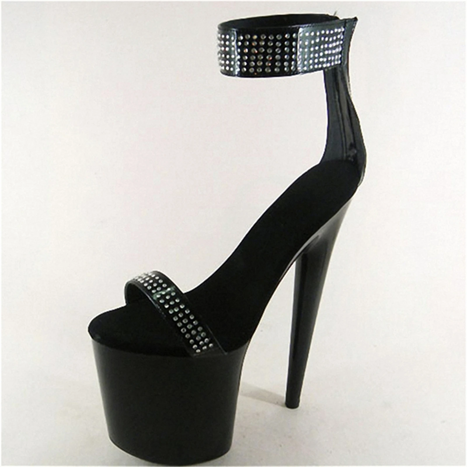 

20CM Platform Sandals Black, Dual Rhinestone Strap Patent Leather Heels with Chunky Sole, Extreme Height Luxury Shoes​