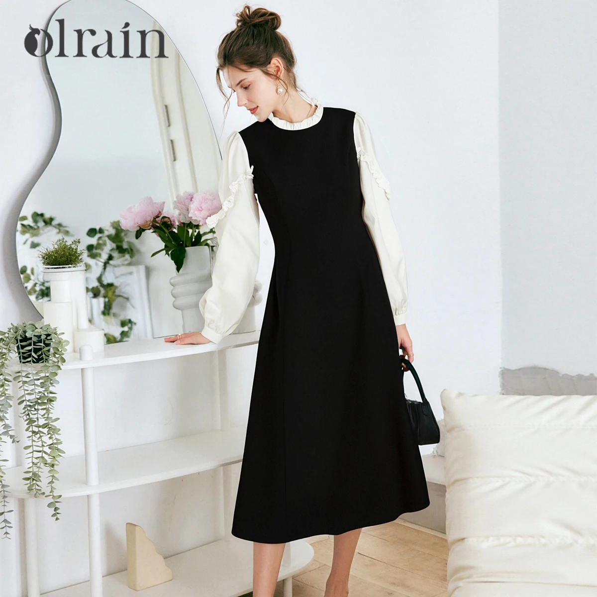 

OLrain Women's Black Woven Dress Autumn 2025 New French Style Mock Two-Piece Long Sleeve Casual Elegant Dress O57QL000262