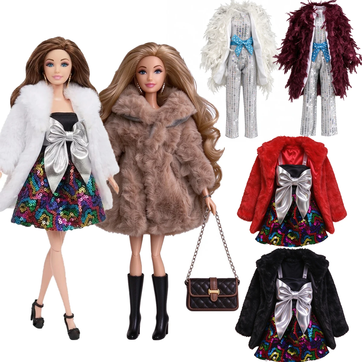 1/6 Babi Doll Clothes Accessories Fashion Feather Fur Coat+Sequin Jumpsuit/Silk Jacket Sequinn Skirt For 30cm FR Supermodel Doll