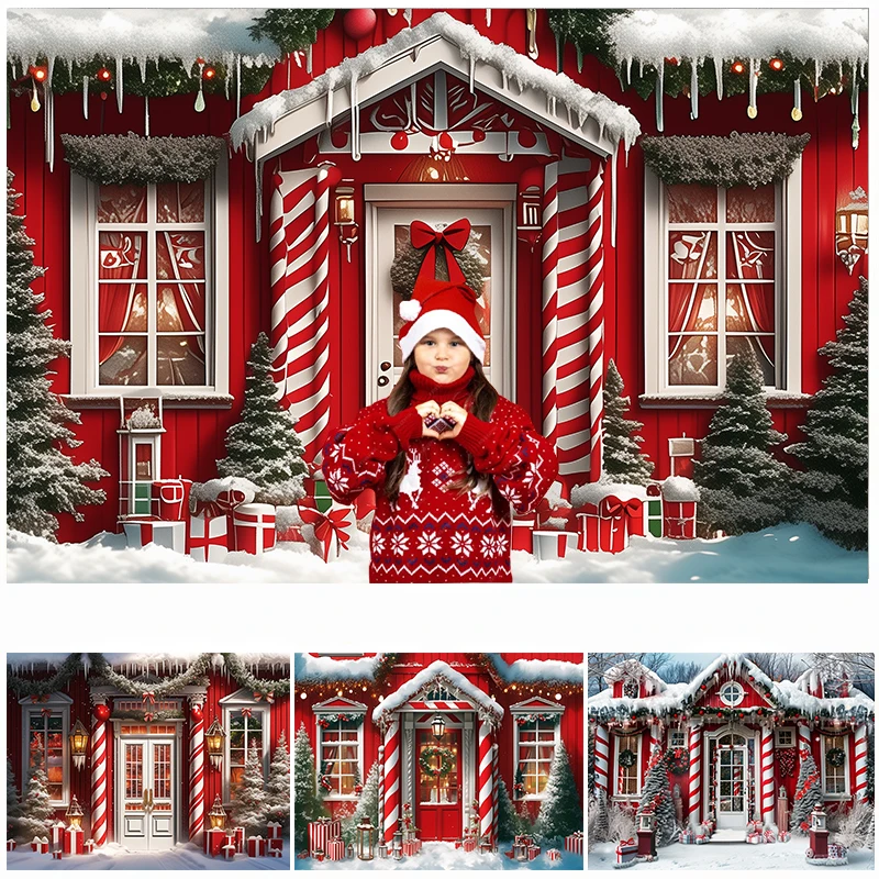 

LS Red Christmas Store Front Backdrops Kids Adult Photography Child Adult Photocall Xmas Trees Snowy Street Backgrounds