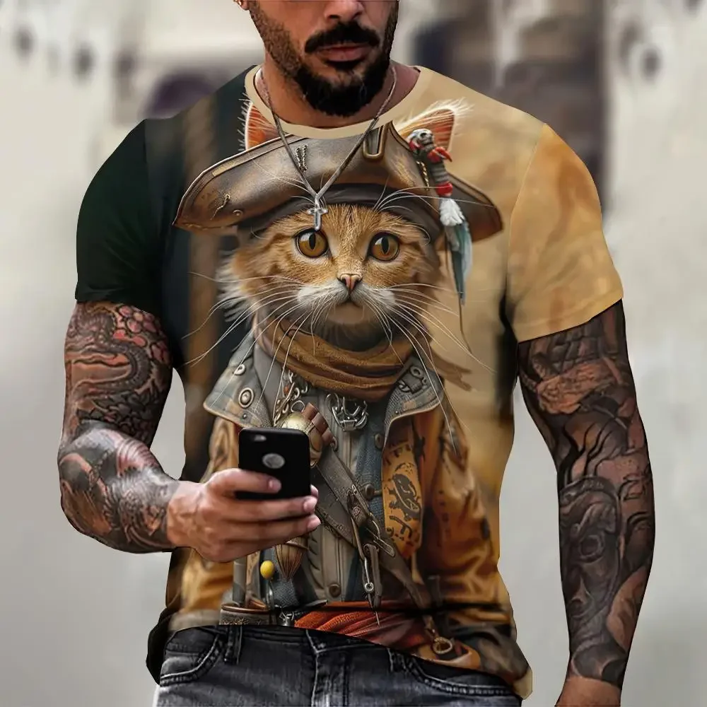 Pirate Cat Men's T-Shirt Fashion 3D Animal Print Men's Short Sleeve Loose Tees Streetwear Tops Casual Lightweight Men's Clothing