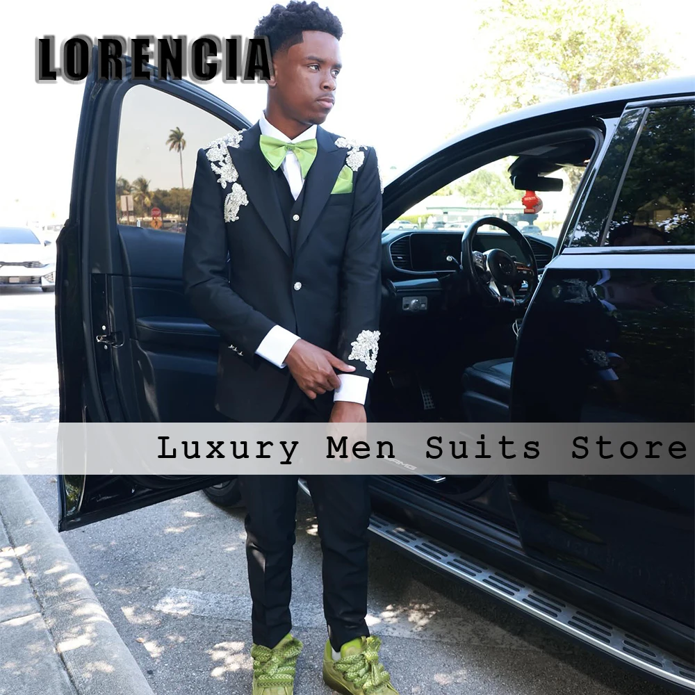 Simple Crystal Ornaments Suits for Men 3 Pieces Tuxedos Evening Party Customized Blzer Pants Vest jaqueta masculina couro