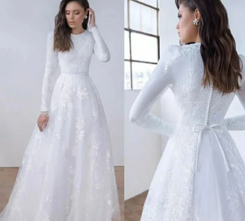 Mangas largas de encaje Línea A Vestidos de novia modestos Cuello joya Tren de barrido Vestidos de novia de encaje vintage Vestidos de novia personalizados