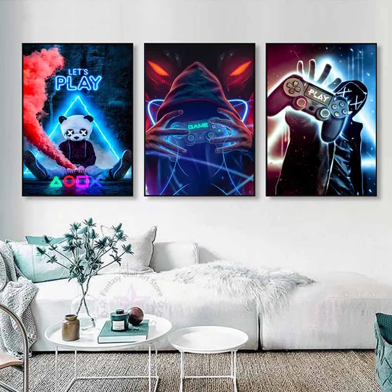 New Eat Sleep Neon Game Repeat Gaming Wall Art Poster Game Art Painting Canvas Prints Pictures for Kids Boys Room Decor