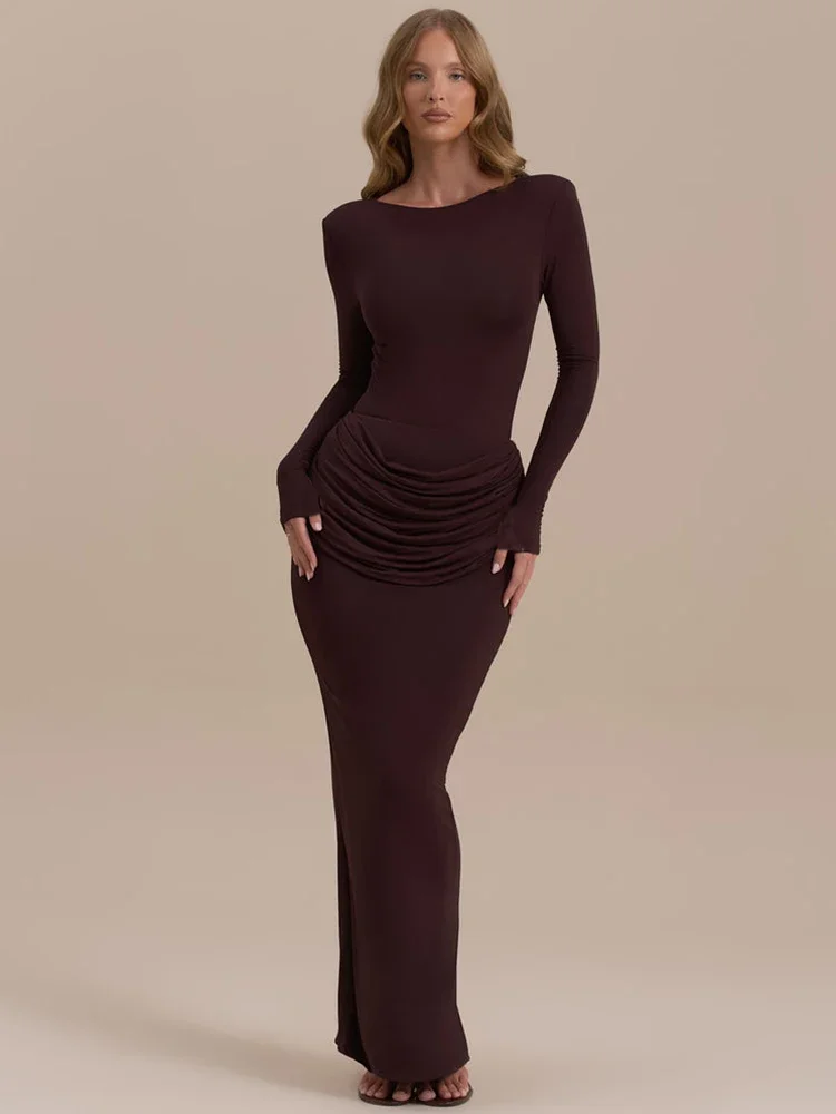 

Long Sleeve Ruched Sexy Maxi Dress For Women Gown Autumn Winter New O Neck High Waist Bodycon Club Party Long Dresses