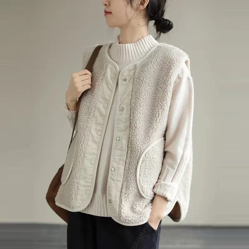 2025 New Women's Corduroy Lambswool Vest Two Way Reversible Blazer Winter Outerwear with Loose Sleeveless Design​