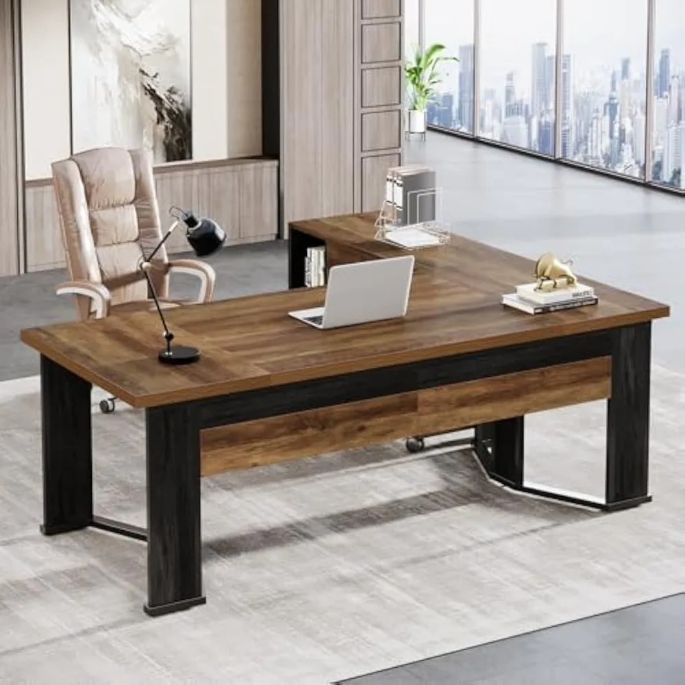 

70.86" Executive Desk with Mobile File Cabinet, Large L Shaped Computer Office Desk with 2 Drawers and Storage Shelves, Busines