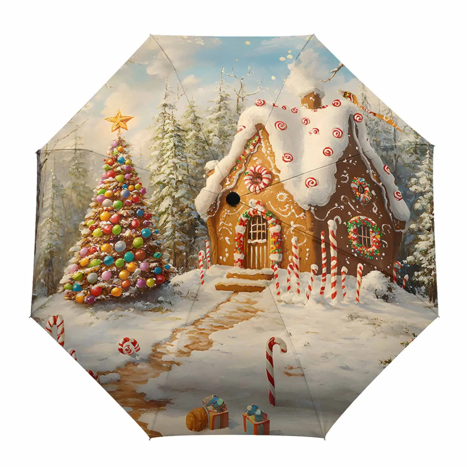 Christmas Tree Gingerbread House Fairy Tale Fully-automatic Umbrella for Outdoor Adults Umbrella Foldable Eight Strand Umbrella