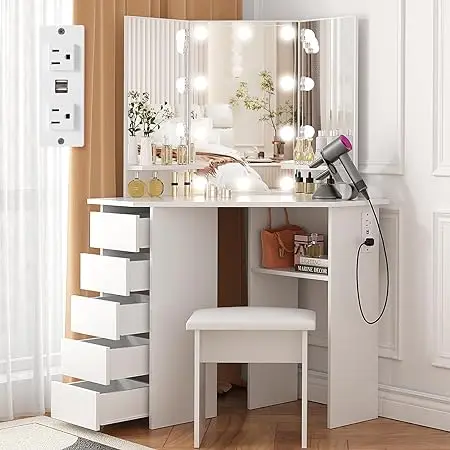 Vanity with Lights - Makeup Vanity Desk with Power Outlet, 3 Color Lighting Options Brightness Adjustable