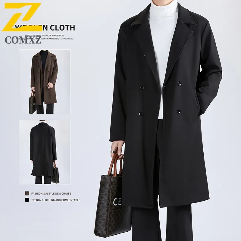 

COMXZ New Wool Overcoat Men New Mid Length Knee Length Working Trench Coat Korean Style Loose Fit Autumn Winter Wool Jacket