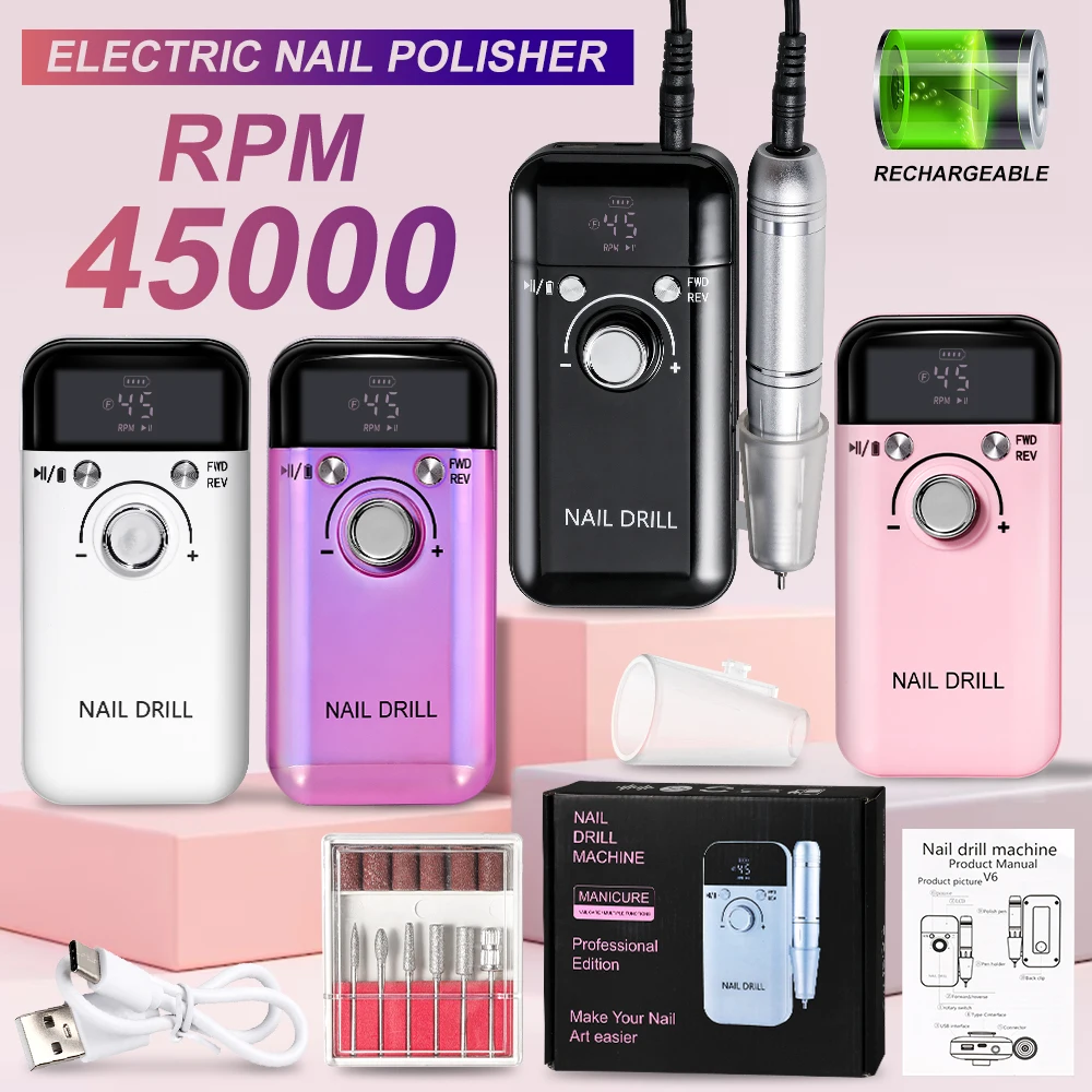 45000RPM Professional Electric Nail Drill Rechargeable Polisher with LCD Screen Suitable for Gel Polish Nail File Manicure Tool