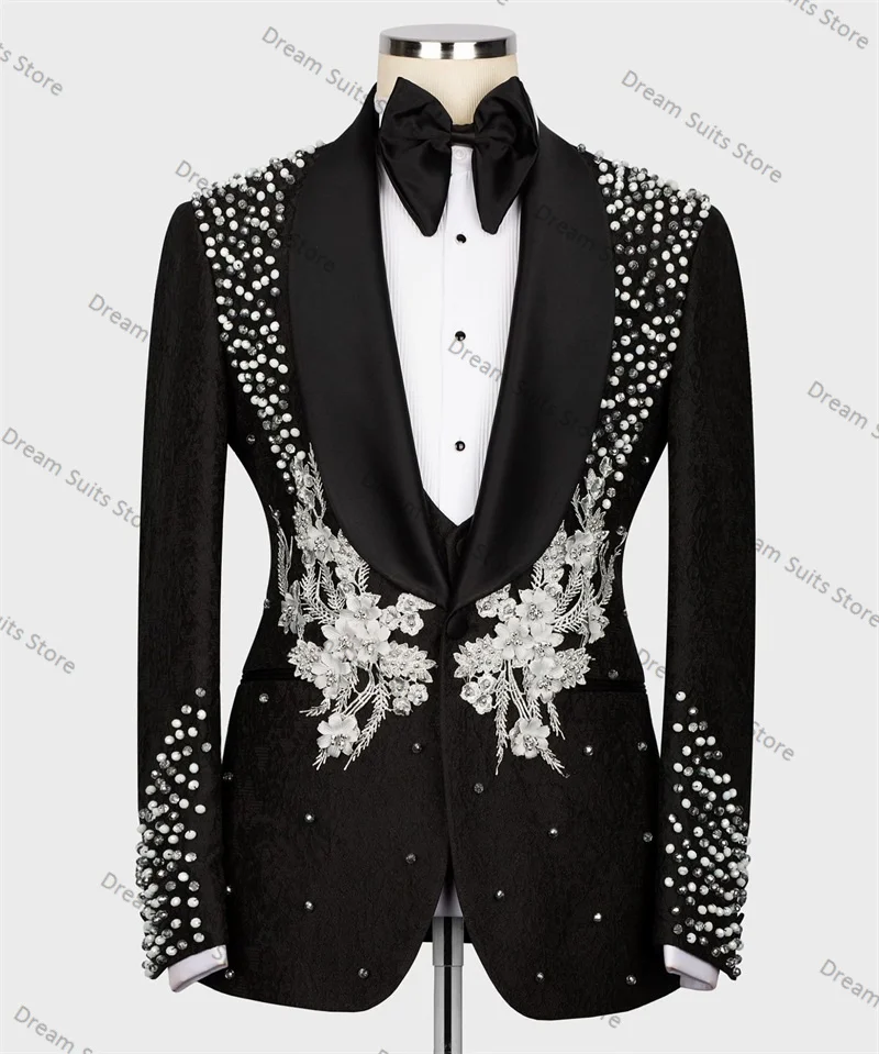 Crystals Floral Men Suits Set 2 Pieces Blazer+Pants Customized Formal Office Business Jacket Wedding Tuxedo Black Coat Trousers