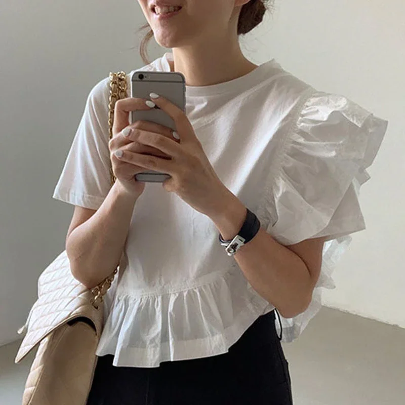 Neploe Korean Niche Temperament Blusa Femme Round Neck Irregular Ruffles Stitching Design Shirt Loose Casual Short Sleeve Blouse