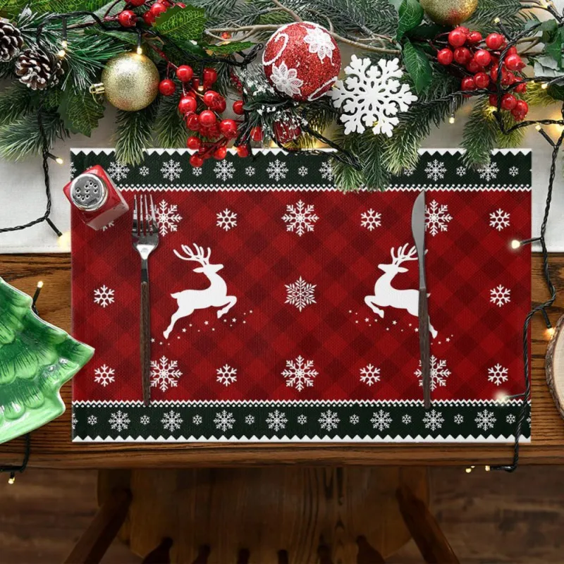 1pcs Christmas Placemats Red Black Plaid Elk Tree Printed Place Table Mat Heat-Resistant Place Mat For Xmas Home Decoration