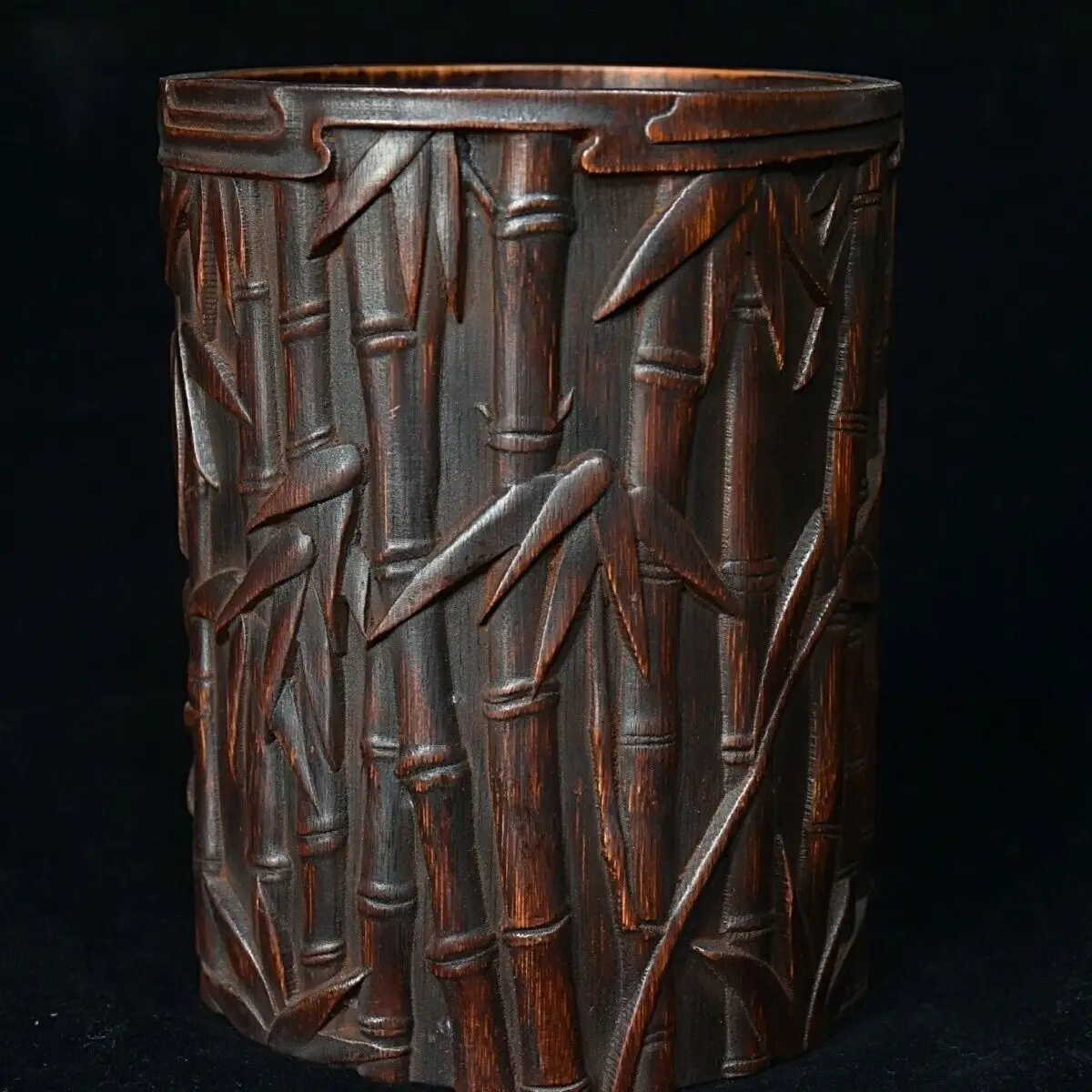 Chinese Wood Brush Pot Old Bamboo Carved Bamboo Tree Pen Holder Collection