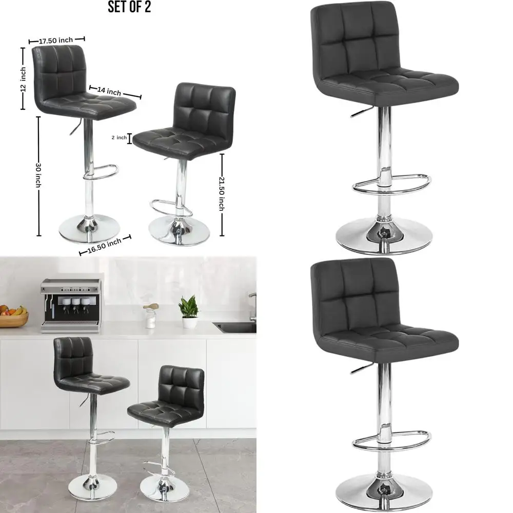 

Hydraulic Adjustable Swivel Bar Stools in Black Bonded Leather, Pair Set